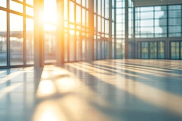 Poster - Warm sunlight illuminating an empty modern office interior with large windows and a tiled floor at dawn, casting long shadows across the clean, minimalist space