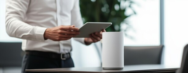 Poster - Businessman is using digital tablet and controlling smart speaker in the office meeting room, innovative technology and modern device, smart home and office automation
