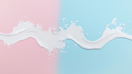Poster - Milk and white paint splashing against a pink and light blue background, forming an intriguing abstract pattern filled with dynamic movement and fluidity