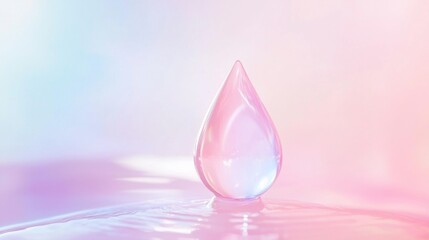 Poster - Single transparent drop splashing on a pastel pink and blue background creating ripples, perfect for concepts related to purity, freshness, and cosmetics