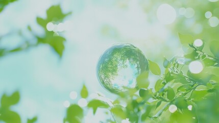Poster - Crystal ball hangs amidst vibrant green leaves, reflecting the surrounding foliage and a patch of blue sky, creating a serene and natural scene