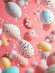 Wall Mural - Multi-colored eggs on a pink Easter background