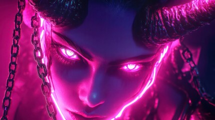 Poster - Close-up of a woman with glowing pink eyes and horns, adorned with chains, in a dark setting.