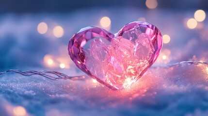 Canvas Print - glowing pink crystal heart in winter wonderland with twinkling lights