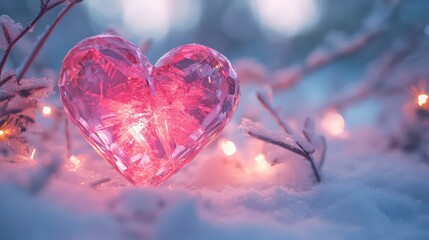 Canvas Print - glowing pink crystal heart in winter wonderland with twinkling lights