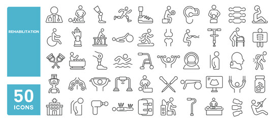 Wall Mural - Set of 50 line icons related to rehabilitation, osteopath, disability, chiropractic, therapist, physical, assistance, orthopedic, Editable stroke. Vector illustration