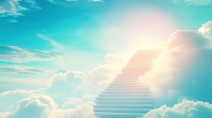 Poster - heavenly stairway leading into dreamy sky with soft pastel clouds