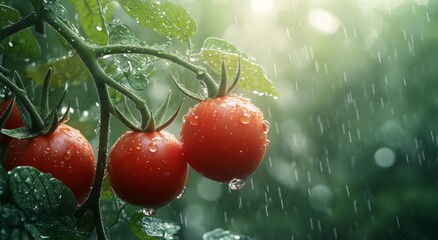 Wall Mural - Fresh red tomatoes glistening with water droplets in a sunlit garden during morning hours