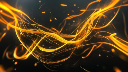 Poster - Immerse yourself in a dynamic 3D animation set against an abstract black canvas, showcasing luminous golden yellow neon lines and flowing trails in motion.