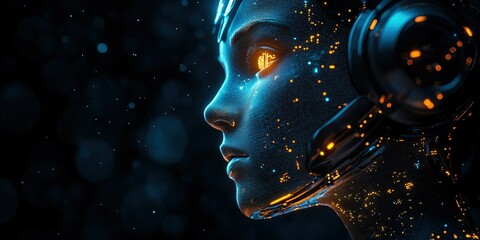 Poster - Futuristic humanoid figure with glowing features and headset in a digital environment