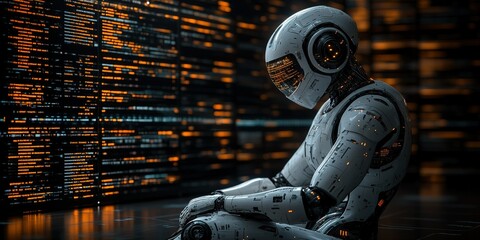 Poster - Advanced humanoid robot analyzing data in a futuristic environment at a technological research facility