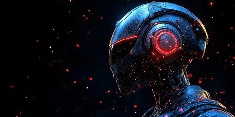 Poster - Futuristic cyborg with glowing elements in a dark environment, demonstrating advanced technology and design concepts