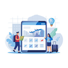 Flat illustration shows a couple planning their trip using a digital device