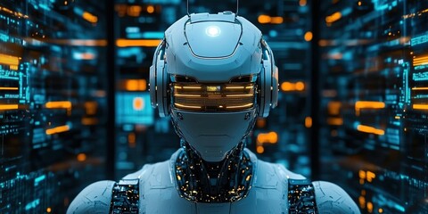 Poster - Futuristic humanoid robot stands in a high-tech laboratory filled with glowing data screens at midnight
