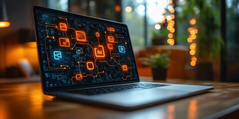 Poster - Digital technology interface displaying data analytics on a laptop in a modern workspace during evening hours