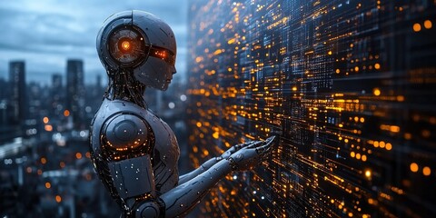 Poster - Futuristic robot interacts with digital data in a high-tech urban environment at dusk