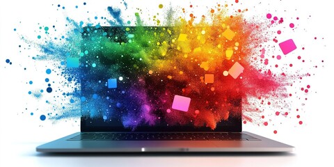 Poster - Digital creativity bursting from a laptop with vibrant colors and artistic elements in a modern workspace setting