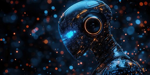 Poster - Futuristic humanoid robot with digital features and glowing elements in a dark environment