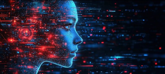 Poster - Vision of artificial intelligence blending futuristic design with a digital landscape at night