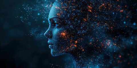 Poster - Portrait of a woman with cosmic elements representing creativity and imagination in a dark background