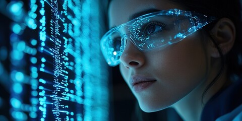 Poster - Young scientist analyzing data on a glowing digital display in a lab setting during evening hours