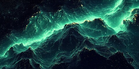 Poster - Ethereal green ocean waves at night with glowing edges and deep textures reflecting cosmic energy