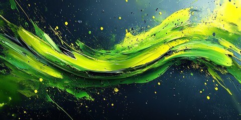 Poster - Vibrant abstract art with green and yellow paint strokes on dark background showcasing dynamic movement and energy