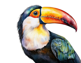 a vibrant watercolor illustration of a toucan isolated on a white background, showcasing its colorfu
