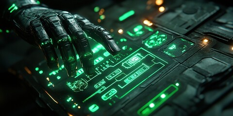 Poster - Futuristic robotic hand interacts with a glowing control panel in a high-tech environment at night