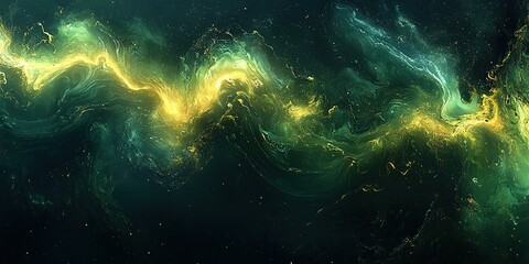 Poster - Swirling green and gold cosmic nebula creating a mesmerizing celestial backdrop in deep space