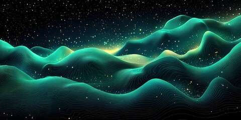 Poster - Digital landscape featuring rolling hills under a starry sky in a futuristic design with glowing patterns
