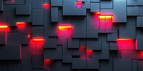 Poster - Modern abstract wall design with glowing red lights showcasing geometric patterns and textures