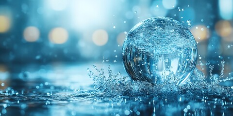 Poster - Water splashes around a clear sphere creating ripples in a vibrant blue setting