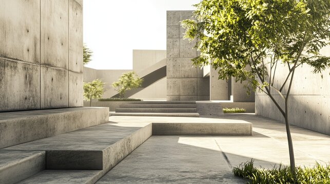 of abstract modern concrete architecture with empty cement floor, minimal exterior.