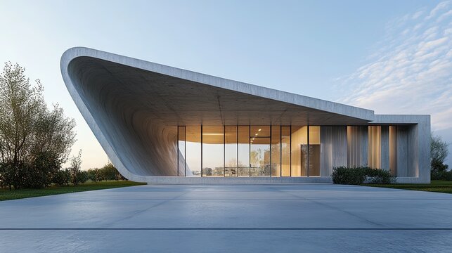of abstract modern concrete architecture with empty cement floor, minimal exterior.