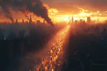 Wall Mural - Smog-filled city, sunset, traffic jam, apocalyptic.