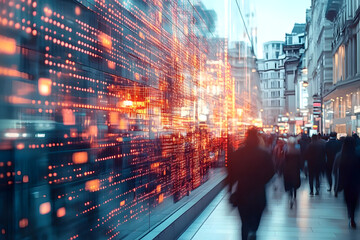 Leinwandbilder - A dynamic digital data flow illustrated over a bustling street, symbolizing the intersection of technology and urban life in a connected global world.