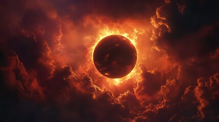 Wall Mural - mysterious solar eclipse surrounded by dramatic fiery clouds and cosmic sky