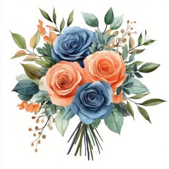 Wall Mural - Beautiful bouquet of blue and orange roses with greenery set against a white backdrop