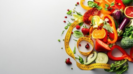 Wall Mural - Tape measure with fresh nutritious fruits and vegetables in shape of clock, healthy nutrition and slimming concept