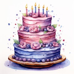 Wall Mural - Beautiful multi-layered birthday cake decorated with flowers and candles