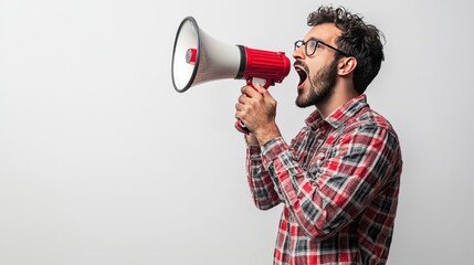 Wall Mural - A young man in a plaid shirt enthusiastically shouting into a red megaphone, depicting a sense of activism and a call for attention to important issues in society.