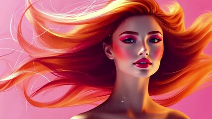 Aufkleber - Elegant woman with flowing red hair against a soft pink background showcases artistic expression and beauty in a vibrant high-quality setting