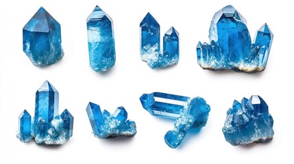 Wall Mural - set of stunning blue faceted crystals in various natural shapes isolated against a pristine white ba
