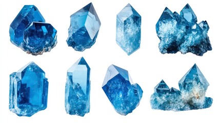 Wall Mural - set of stunning blue faceted crystals in various natural shapes isolated against a pristine white ba
