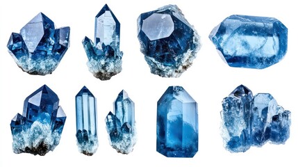 Wall Mural - set of stunning blue faceted crystals in various natural shapes isolated against a pristine white ba