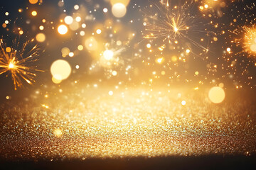 Wall Mural - abstract gold glitter background with fireworks. christmas eve, new year and 4th of july holiday concept.