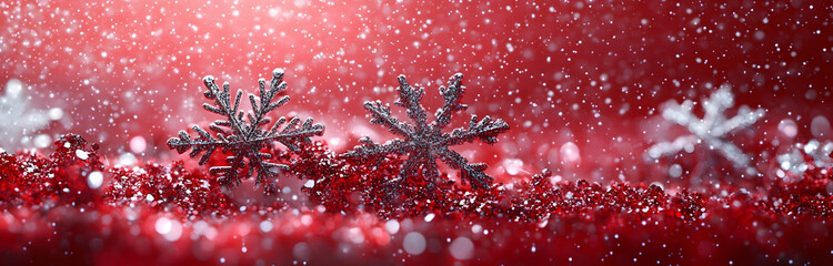Wall Mural - Festive red and silver glitter snowflakes with falling snow and bokeh lights on a red background Generative AI
