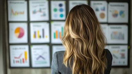 Aufkleber - A person observes various data visualizations on a wall, likely for analysis or presentation.