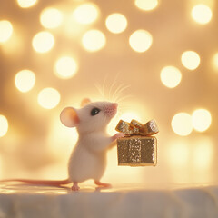 Poster - Adorable white mouse with a golden gift box in a warm festive bokeh setting